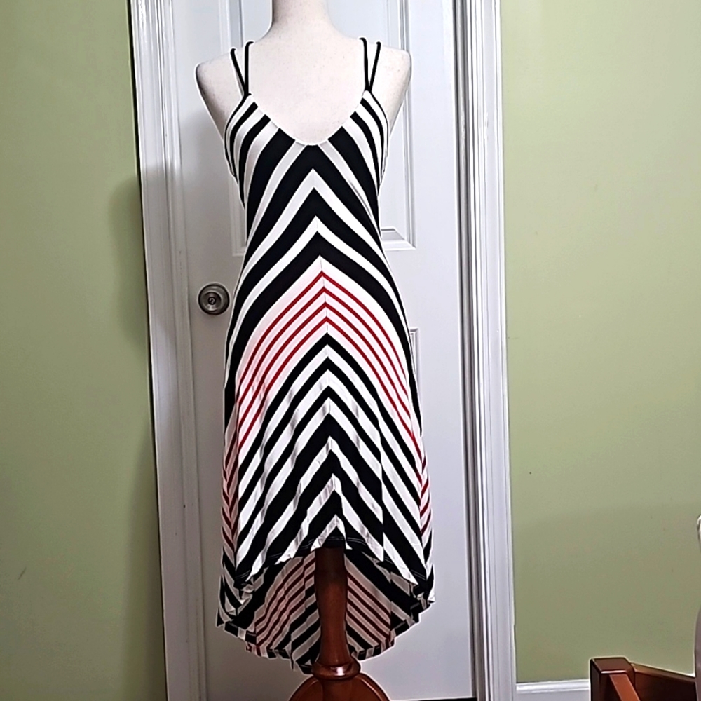 BEBE Lined Vneck High-Low Striped Dress Strappy Back Size XS Red Black White
